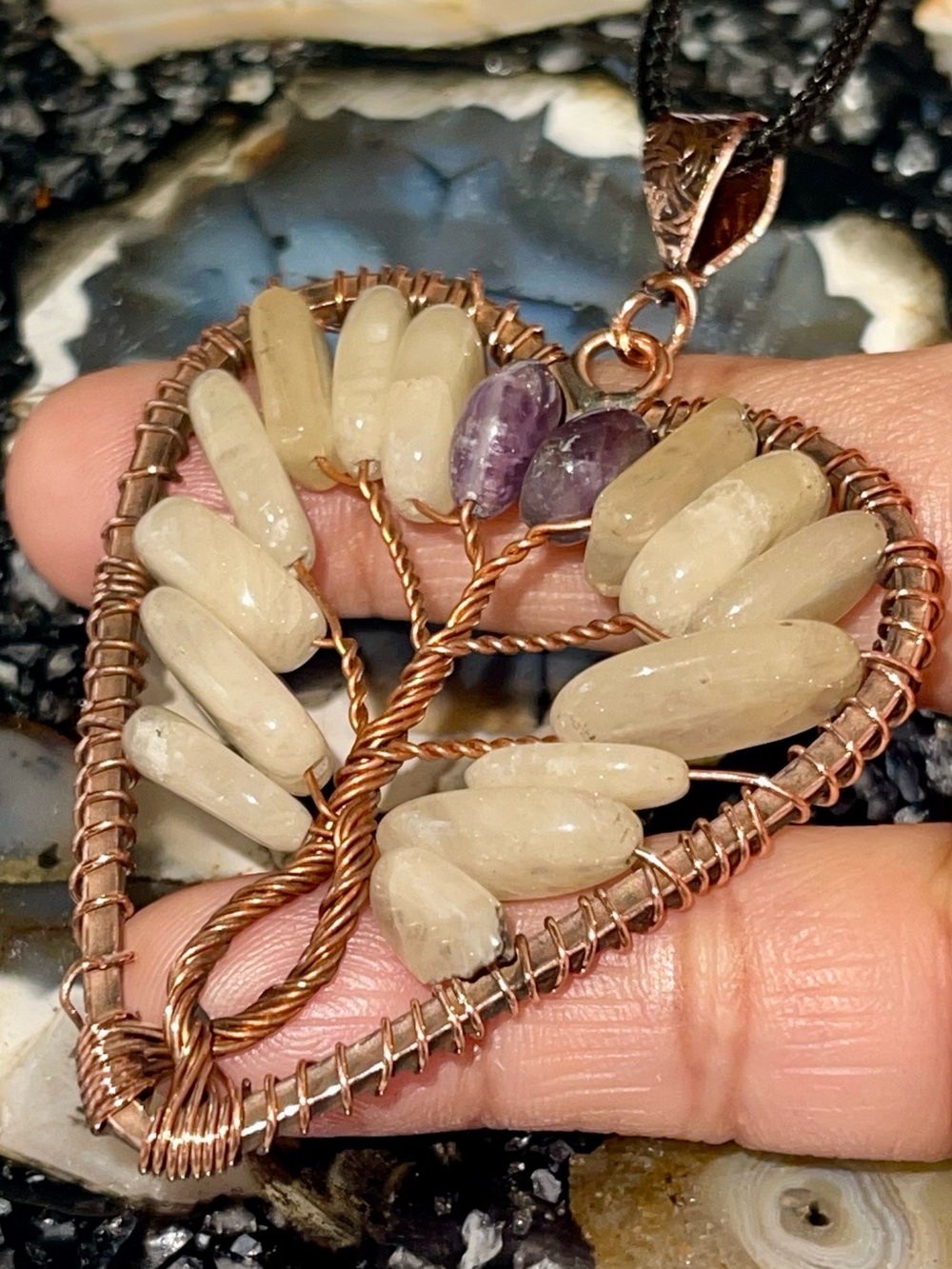 Copper Wire-Wrapped Amethyst  & Agate Crystal Pendant 2 1/2”